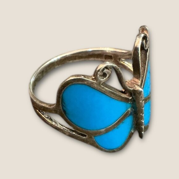 Vintage Sterling Silver Turquoise Inlaid Butterfly Ring Size 10.5 - Picture 6 of 10
